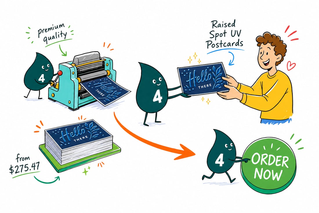 Wally the 4OVER4 mascot running a thumb over the raised glossy logo on a velvet postcard, priced at $275.47 for 100, teal hand-drawn line art.