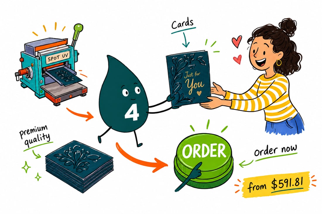 Wally the 4OVER4 mascot holding a folded suede greeting card with glossy raised shapes standing off a soft matte surface, priced from $591.81 for 100, teal hand-drawn line art.