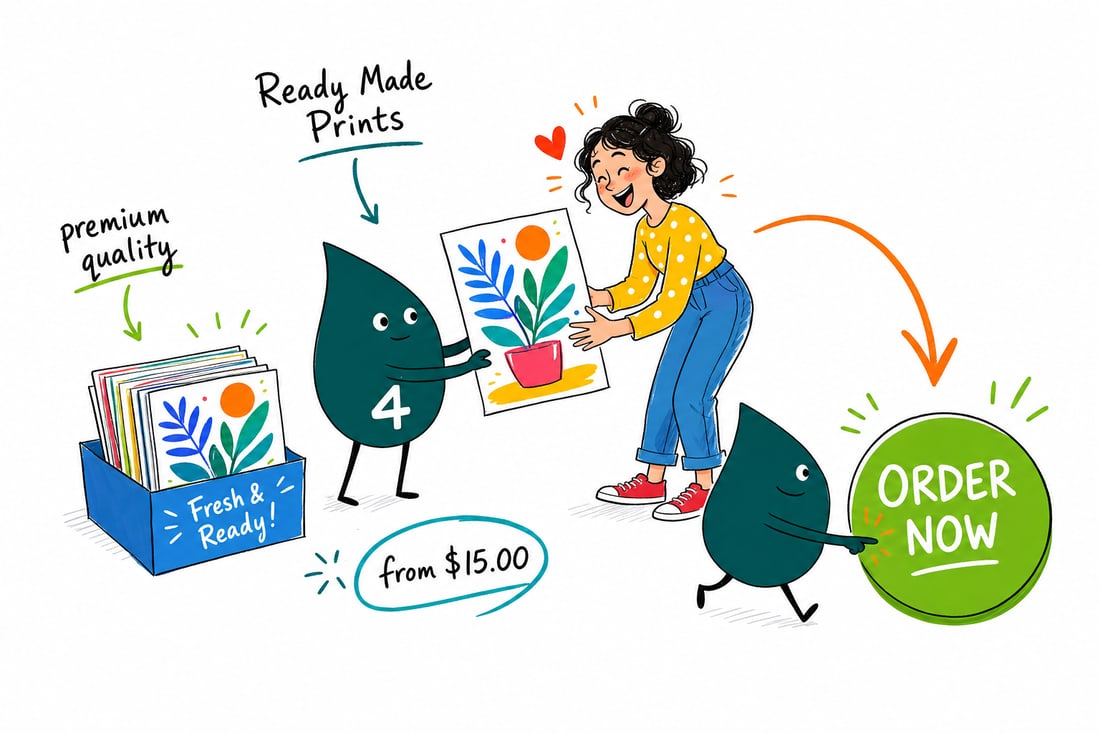 Wally the 4OVER4 mascot handing a 4 by 6 inch ready made print, priced at $15 for 50, across a counter to a happy customer, teal hand-drawn line art.