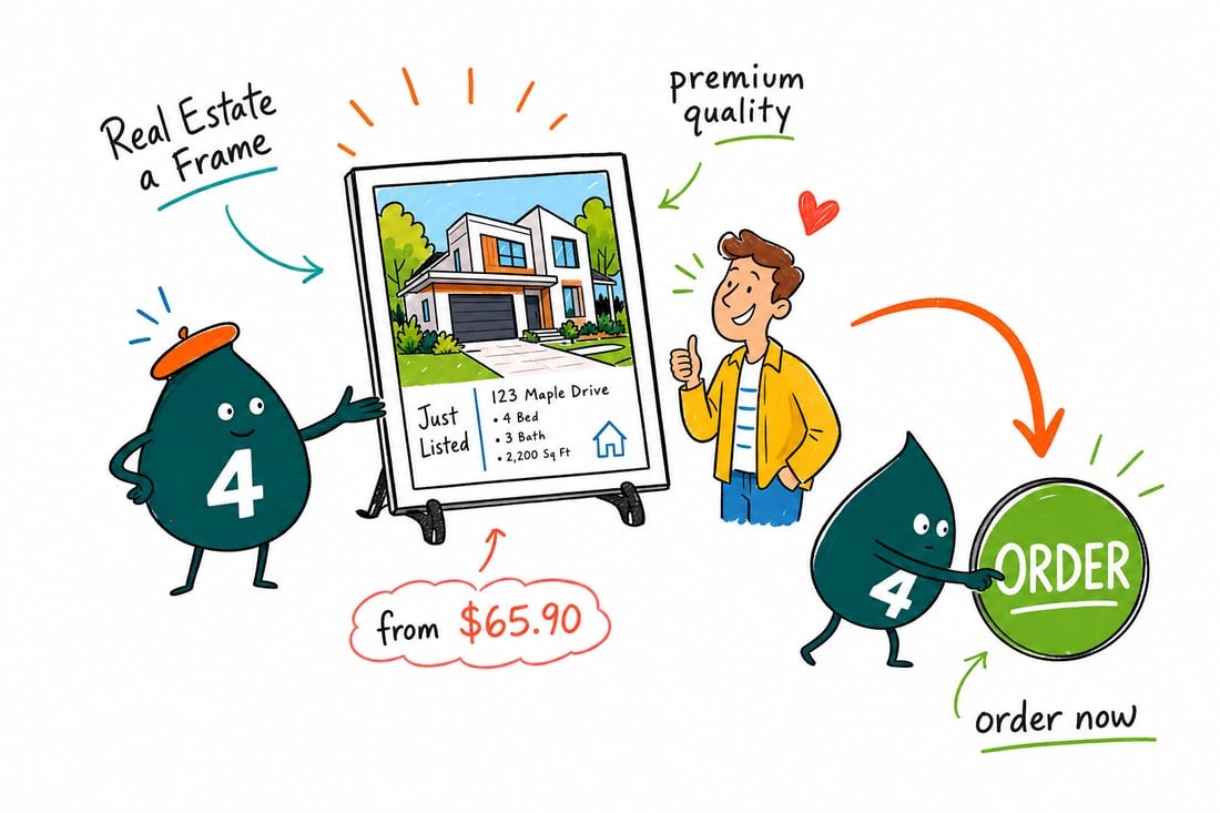 Wally the 4OVER4 mascot setting up a black metal real estate A-frame with a double-sided printed sign and a red open house flag on a front lawn, teal hand-drawn line art.