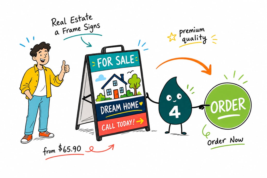 Wally the 4OVER4 mascot setting up a black metal real estate A-frame sign priced at $65.90 on a sidewalk outside an open house, teal hand-drawn line art.