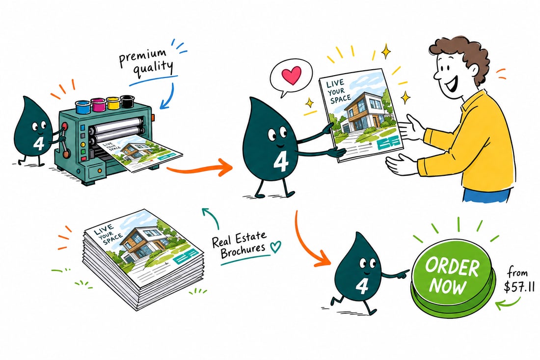 Wally the 4OVER4 mascot handing a folded real estate brochure, priced at $57.11 for 50, to a buyer at an open house, teal hand-drawn line art.