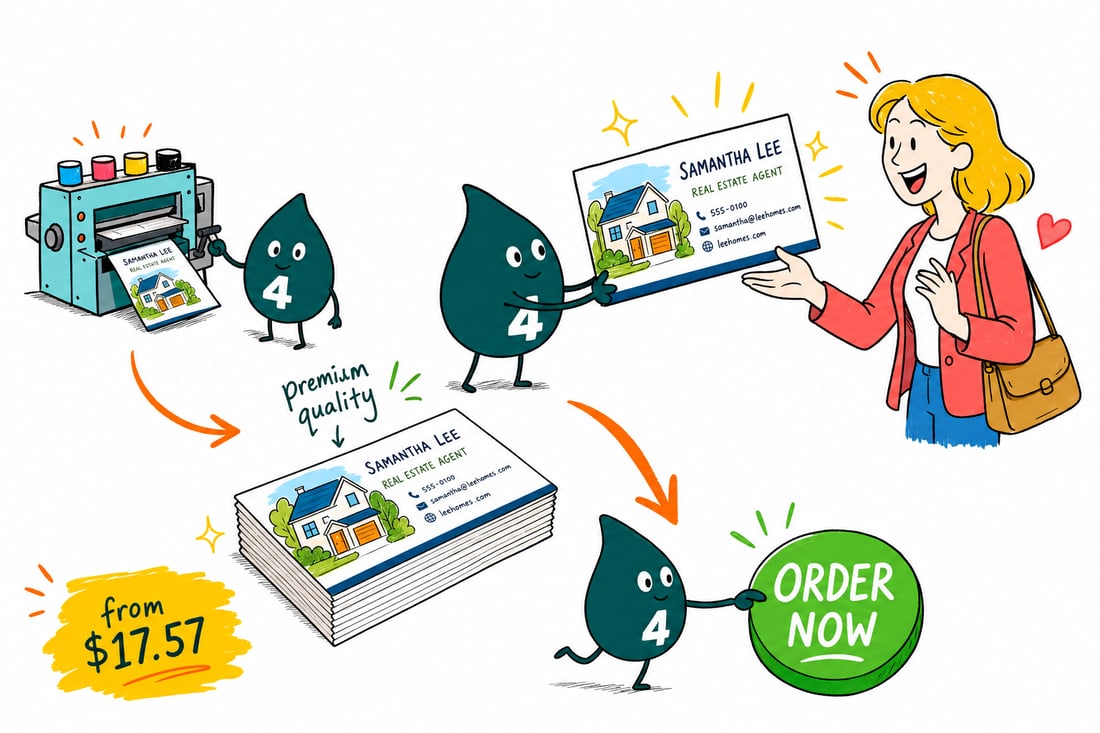 Wally the 4OVER4 mascot handing a real estate business card, priced at $17.57 for 100, to a happy home buyer outside a house with a for-sale sign, teal hand-drawn line art.