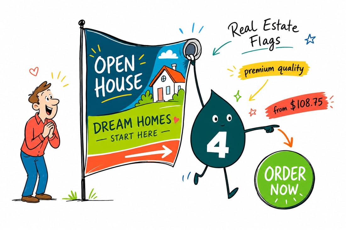 Wally the 4OVER4 mascot planting a tall real estate flag with a stake base at the curb outside an open house, teal hand-drawn line art.