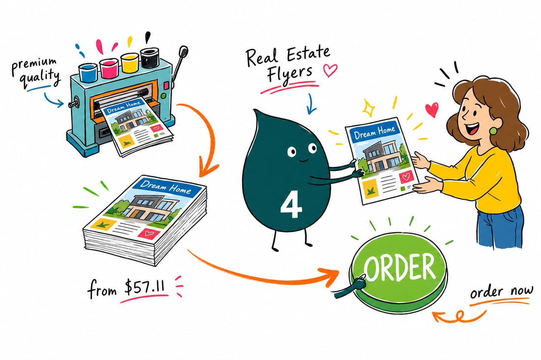 Wally the 4OVER4 mascot handing a real estate flyer with a house photo, address, and price from $39.54 for 50, to a buyer outside a home for sale, teal hand-drawn line art.