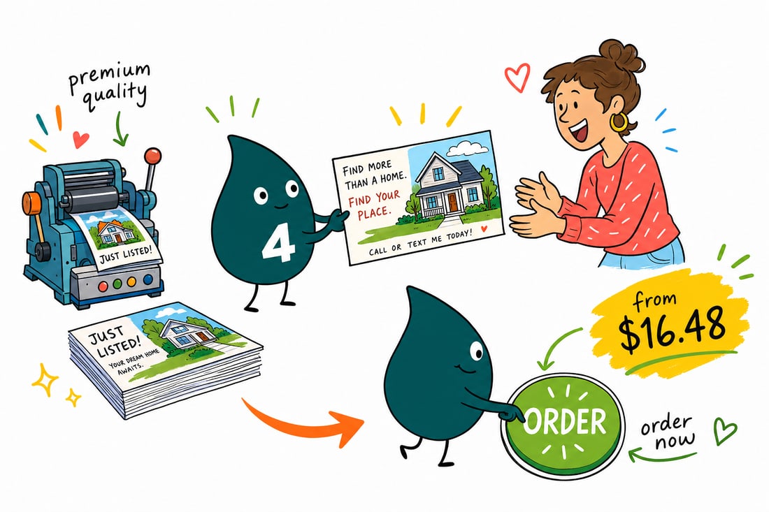 Wally the 4OVER4 mascot handing a full-color real estate postcard priced at $16.48 for 50 to a smiling real estate agent in front of a house, teal hand-drawn line art.