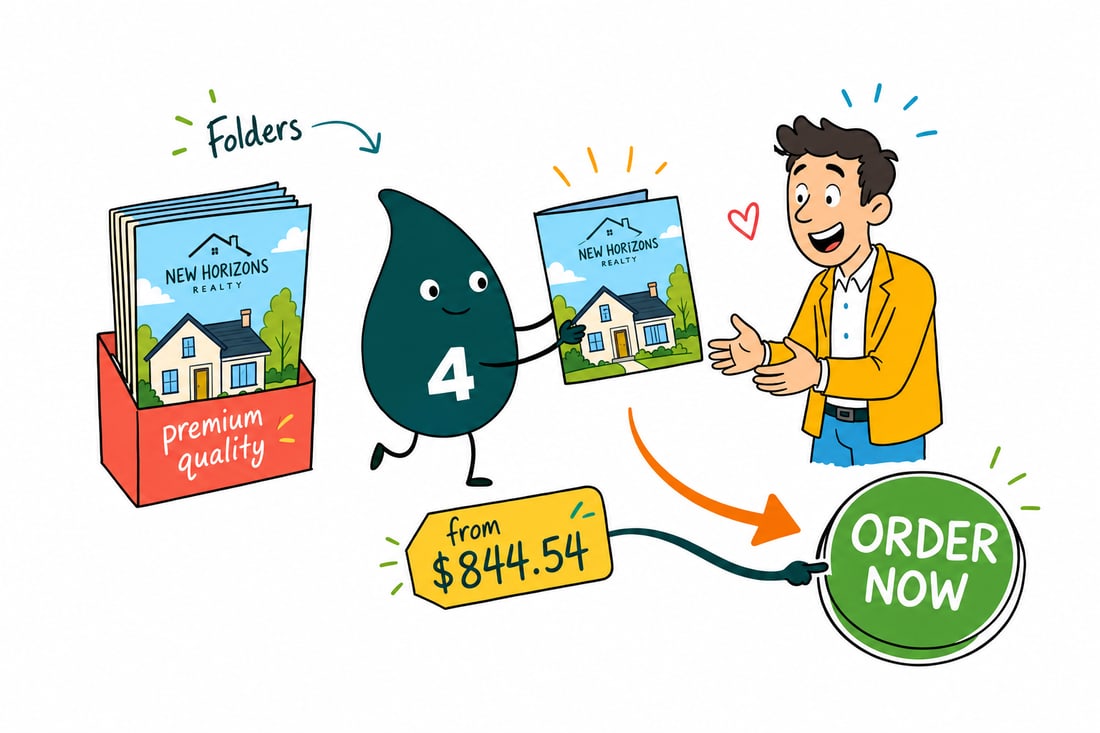 Wally the 4OVER4 mascot sliding a listing sheet and a business card into a branded real estate presentation folder and handing it to a client, teal hand-drawn line art.