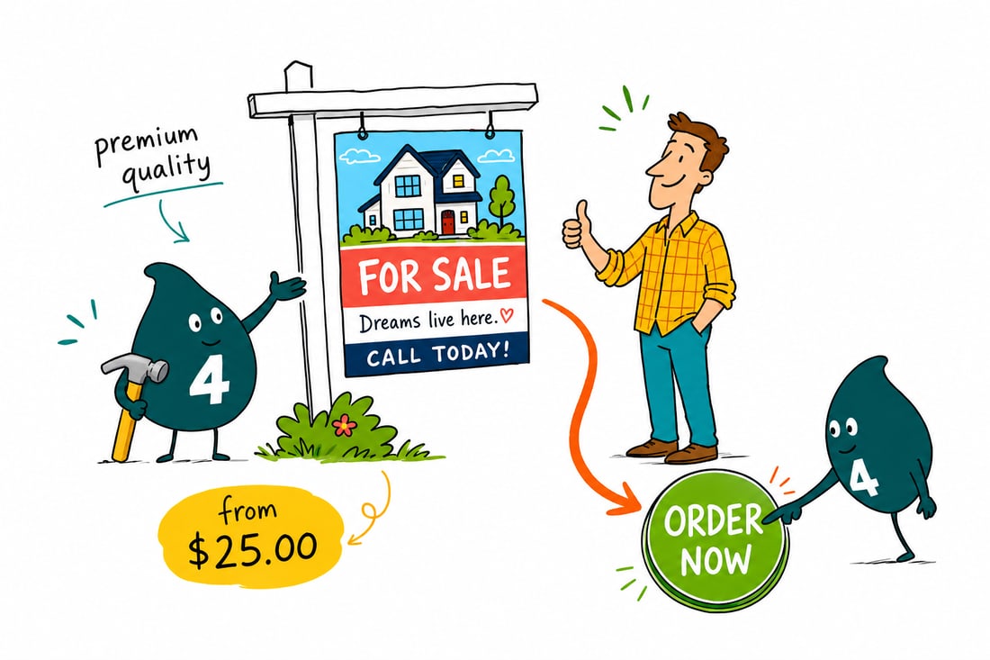 Wally the 4OVER4 mascot planting a full-color real estate for-sale sign on a metal H-stake in a front yard, priced at $25, teal hand-drawn line art.