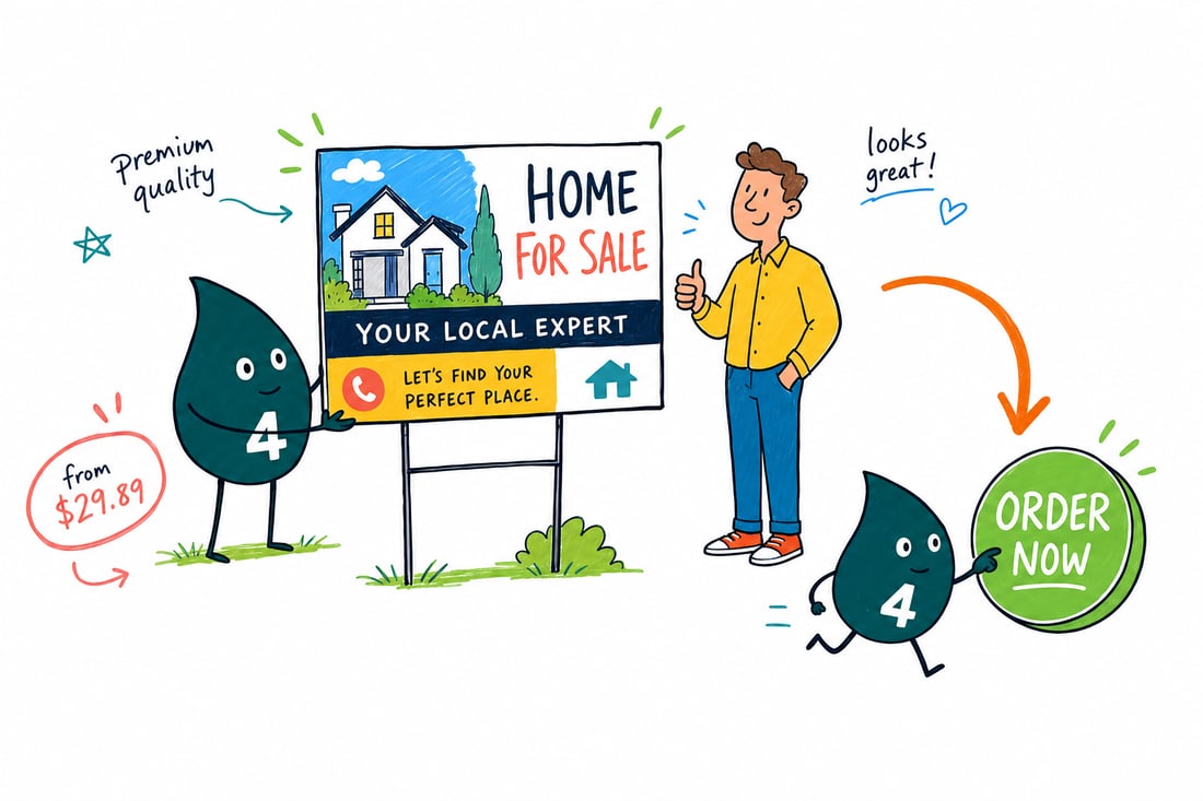 Wally the 4OVER4 mascot pushing a 24 by 18 inch real estate yard sign, priced at $29.89, into a green front lawn beside a for-sale home, teal hand-drawn line art.