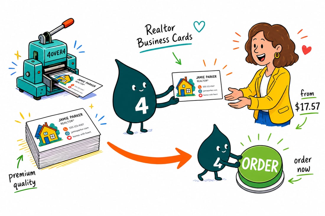 Wally the 4OVER4 mascot handing a realtor business card, priced at $17.57 for 100, to a happy home buyer outside a house with a sold sign, teal hand-drawn line art.