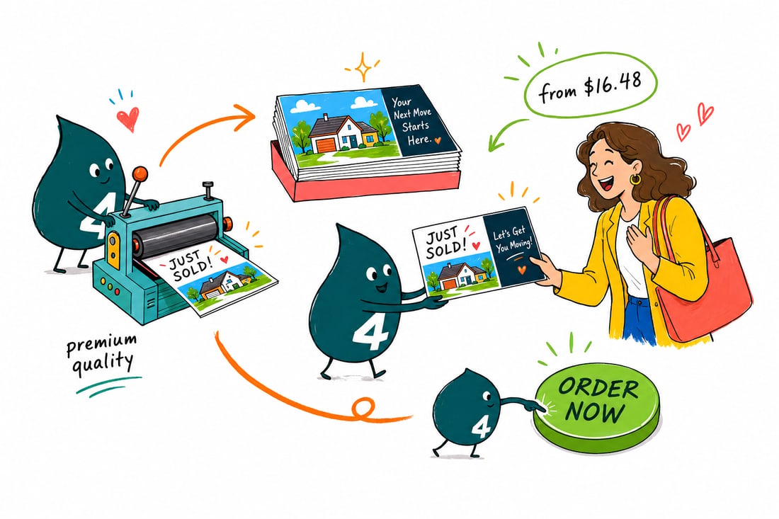 Wally the 4OVER4 mascot handing a full-color realtor Just Listed postcard, priced from $16.48 for 50, across a counter to a happy real estate agent, teal hand-drawn line art.