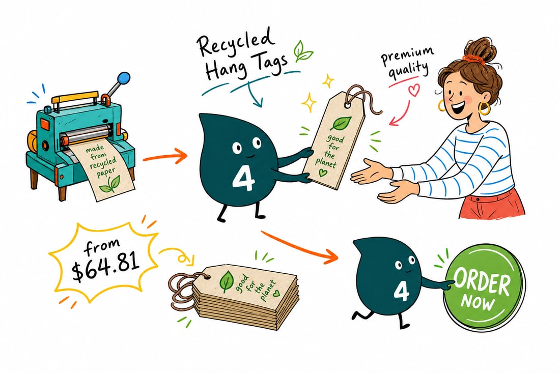 Wally the 4OVER4 mascot holding a recycled kraft-toned hang tag with a drilled hole and a full-color logo, priced at $25.27 for 50, handing it across a counter, teal hand-drawn line art.