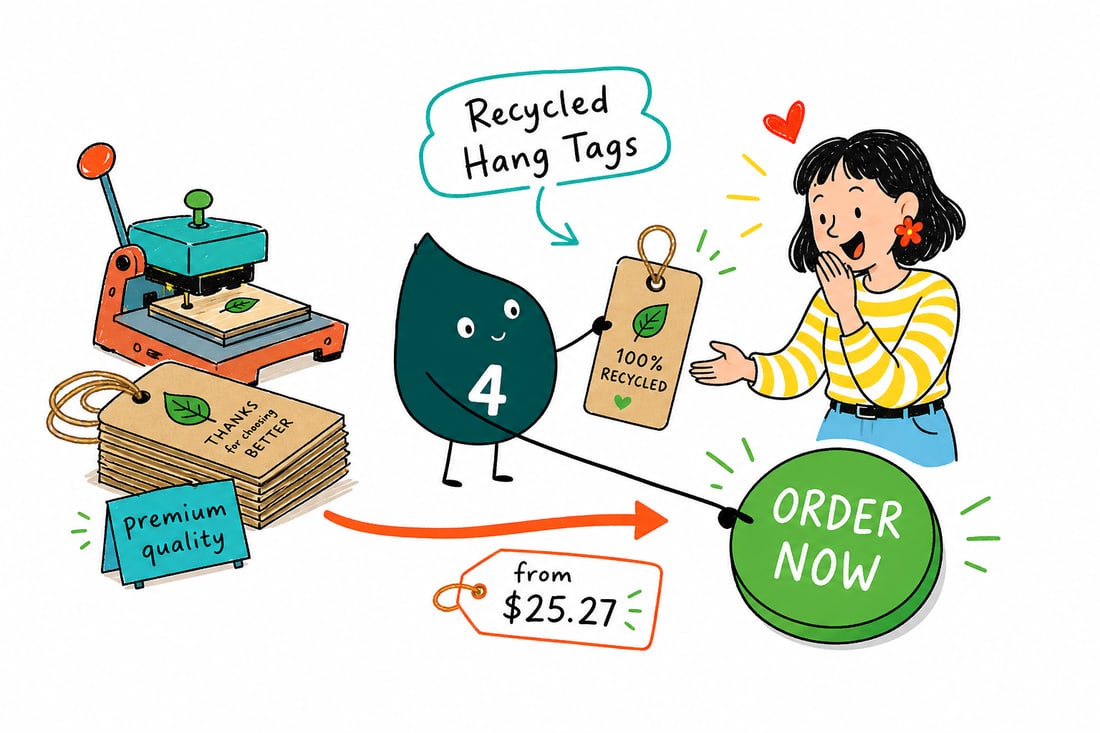 Wally the 4OVER4 mascot holding a recycled kraft-toned hang tag with a drilled hole and a full-color logo, priced at $25.27 for 50, handing it across a counter, teal hand-drawn line art.
