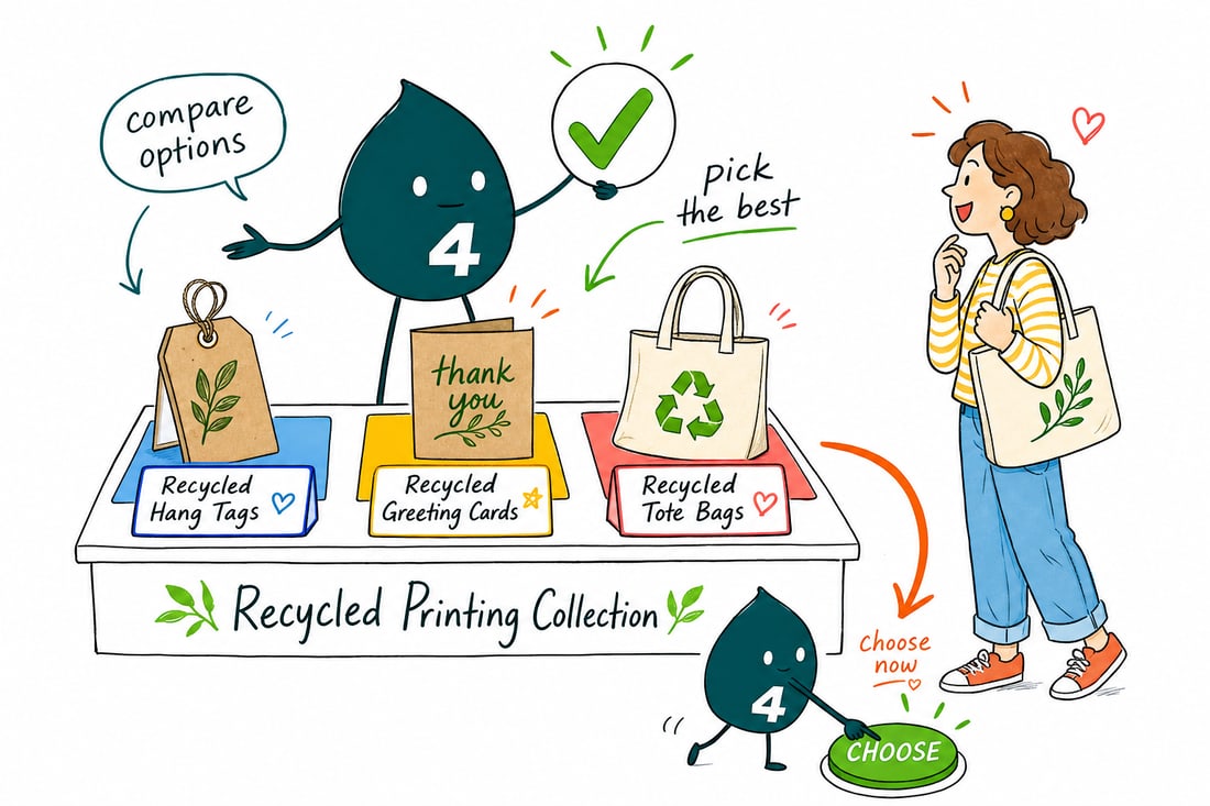 Wally compares Recycled Printing options side by side at 4OVER4.COM