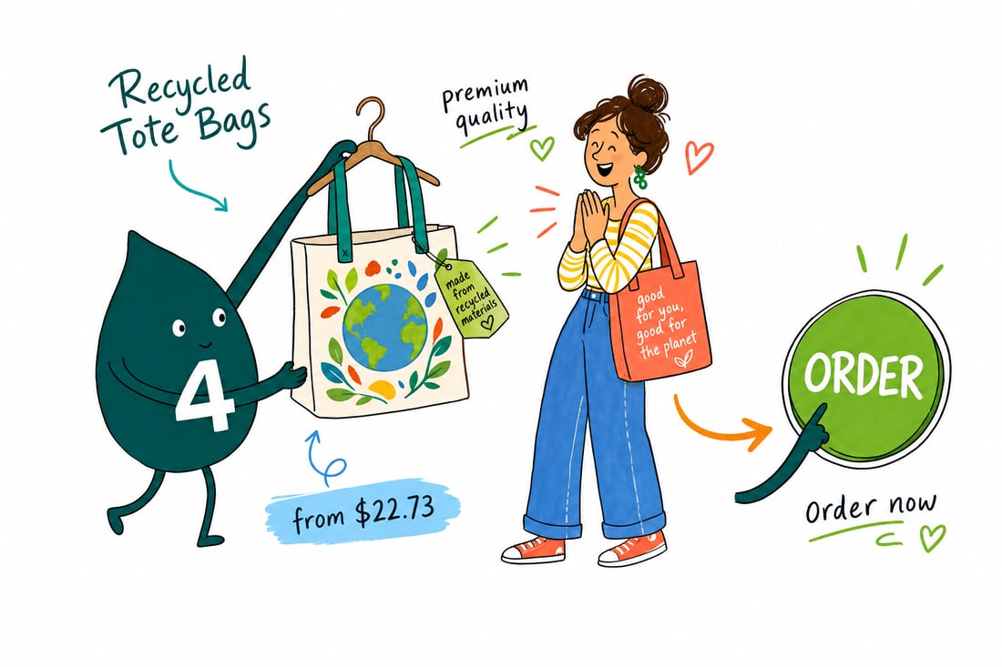 Wally the 4OVER4 mascot handing a printed recycled cotton tote bag, priced from $22.73, across a counter to a happy customer, teal hand-drawn line art.