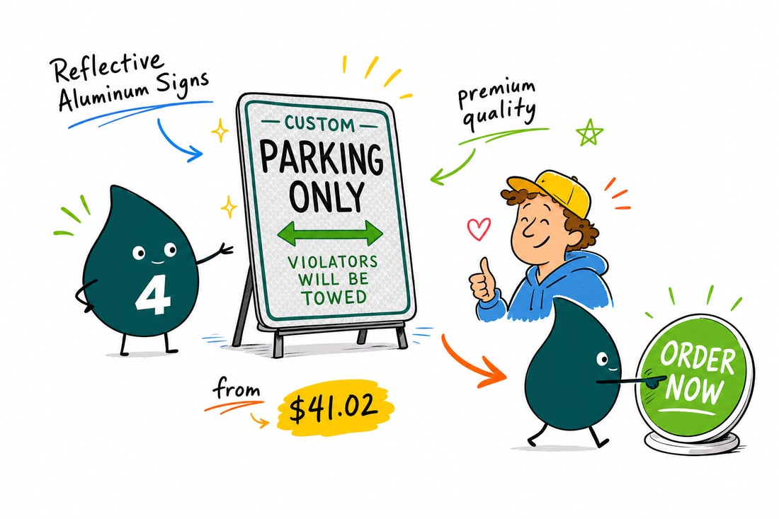 Wally the 4OVER4 mascot holding a reflective aluminum parking sign that glows in a car headlight beam at night, teal hand-drawn line art.