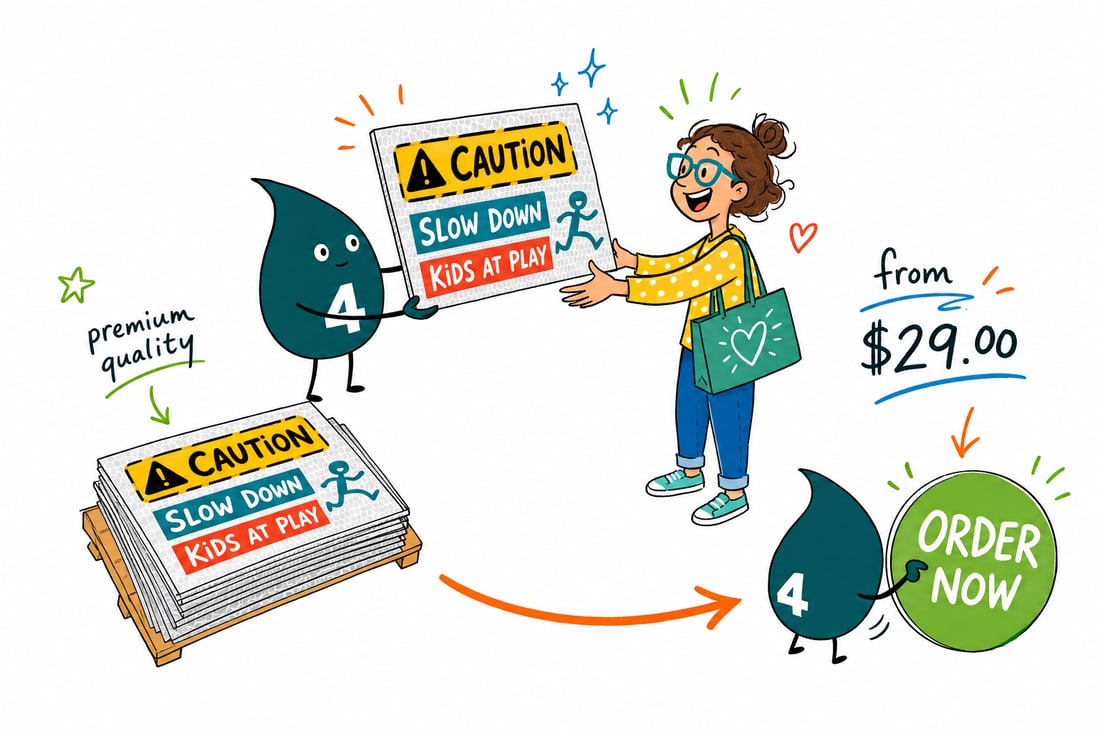 Wally the 4OVER4 mascot standing beside a reflective coroplast yard sign that glows in a car's headlights at night, priced from $29, teal hand-drawn line art.