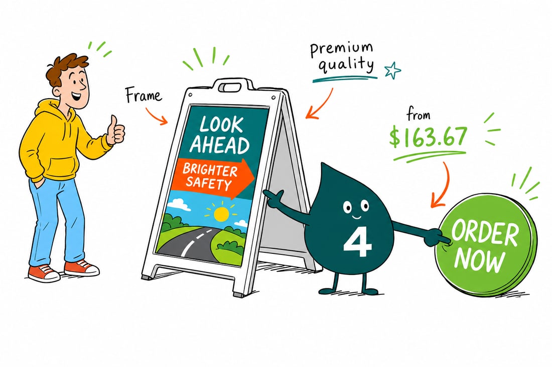 Wally the 4OVER4.COM mascot setting a reflective A-frame sidewalk sign that glows in car headlights at dusk, priced from $163.67, teal hand-drawn line art.
