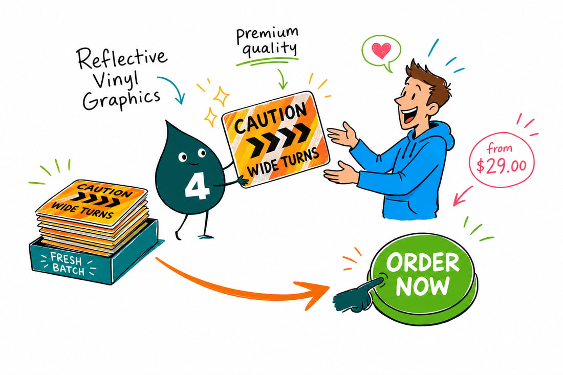 Wally the 4OVER4 mascot holding a reflective vinyl graphic that glows brightly as a car headlight sweeps across it at night, teal hand-drawn line art.