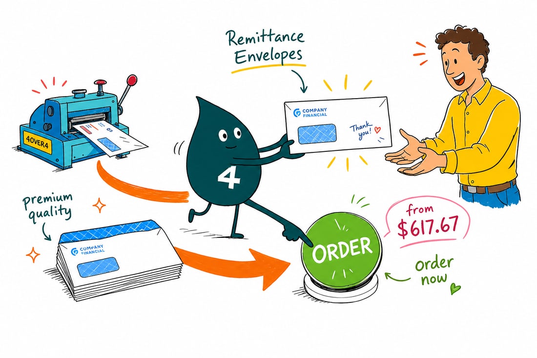 Wally the 4OVER4 mascot handing a printed remittance envelope with a large payment flap across a counter to a happy customer, teal hand-drawn line art.