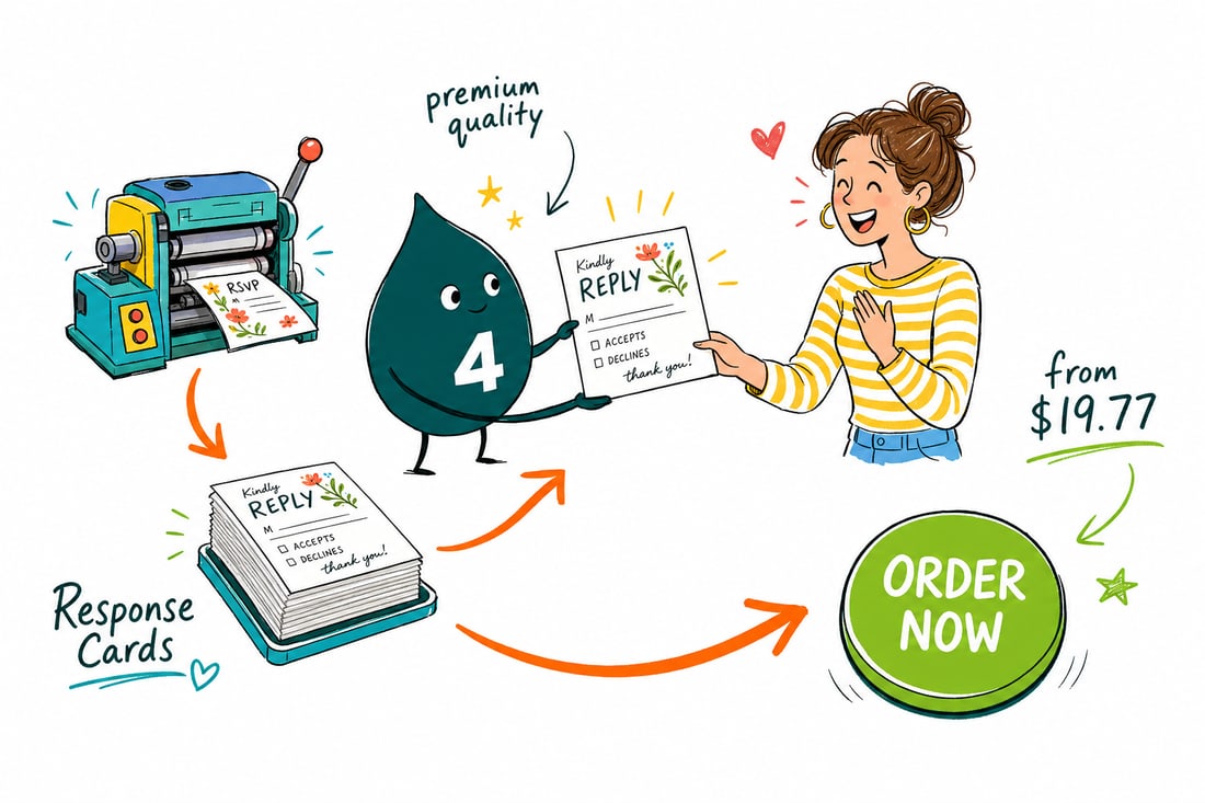 Wally the 4OVER4 mascot handing a 4.25 by 5.5 inch response card with a matching envelope, priced at $19.77 for 25, across a counter to a happy customer, teal hand-drawn line art.