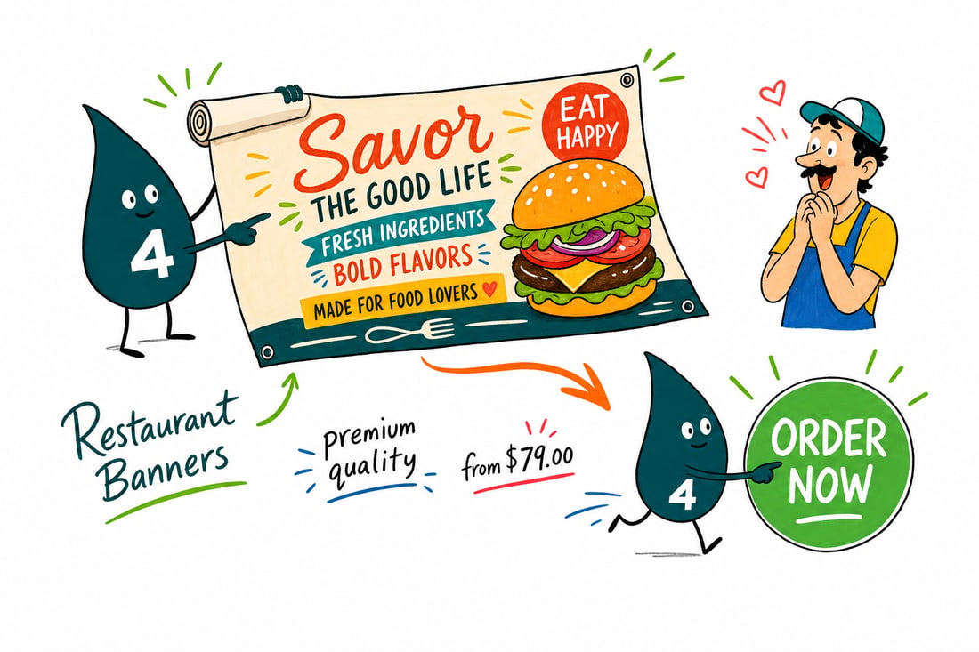 Wally the 4OVER4 mascot hanging a restaurant banner priced at $79 over a busy cafe patio, teal hand-drawn line art.