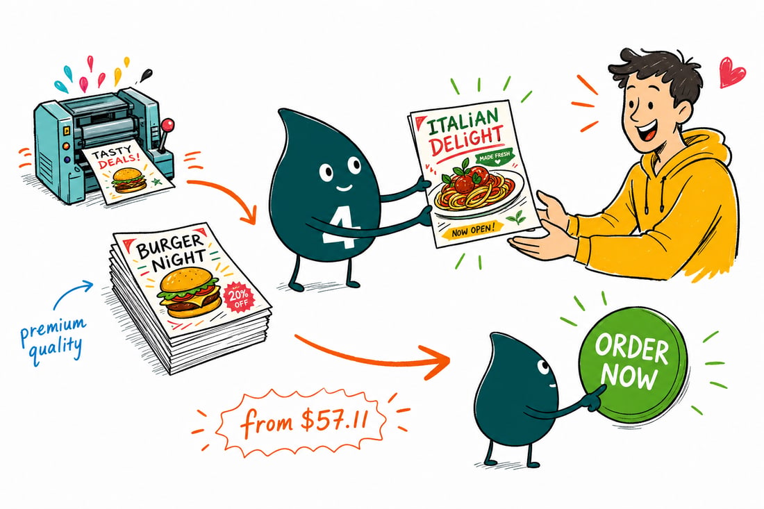 Wally the 4OVER4 mascot handing a full-color restaurant flyer priced at $39.54 for 50 across a counter to a diner, teal hand-drawn line art.