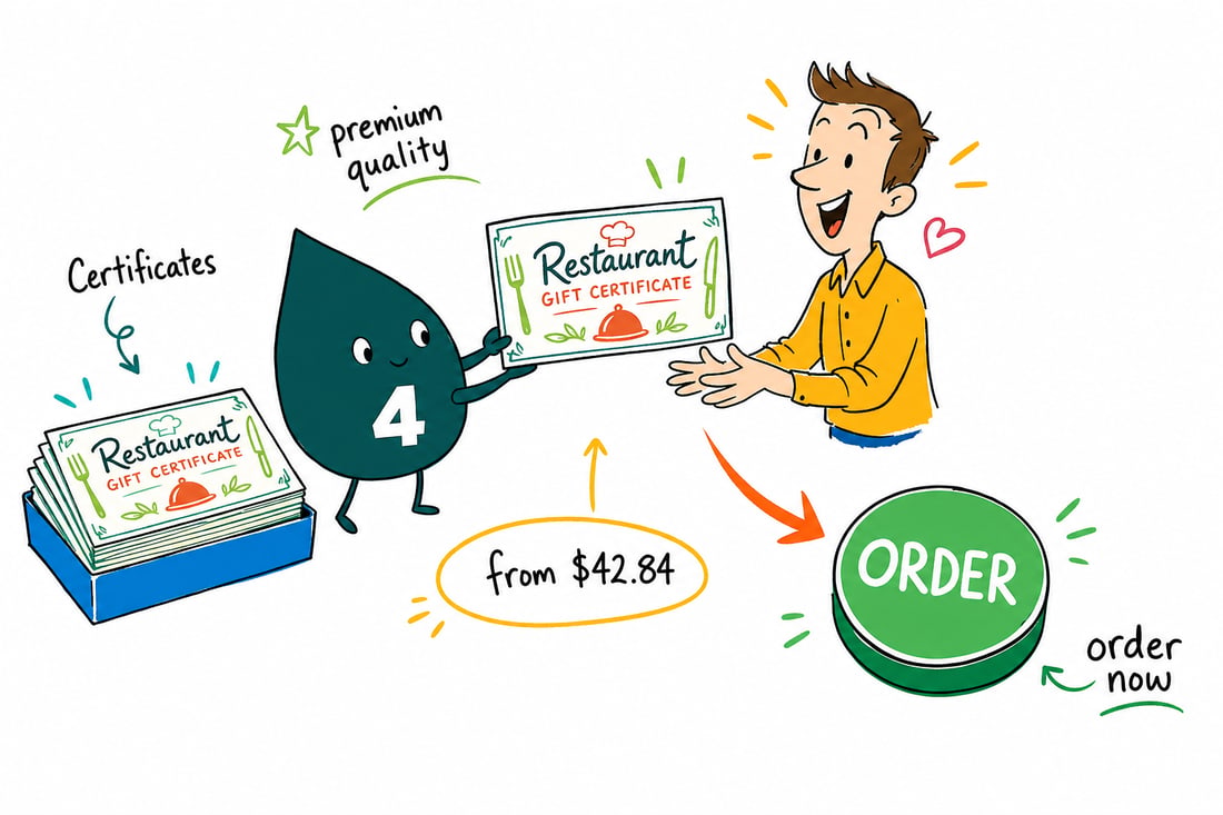Wally the 4OVER4 mascot handing a printed restaurant gift certificate priced at $42.84 for 50 across a host stand to a happy guest, teal hand-drawn line art.