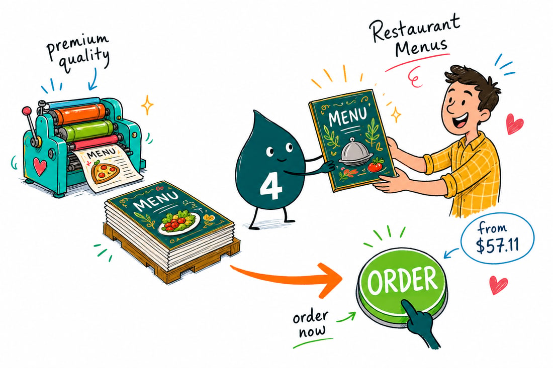 Wally the 4OVER4 mascot handing a folded full-color restaurant menu, priced at $57.11 for 50, across a table to a smiling diner, teal hand-drawn line art.