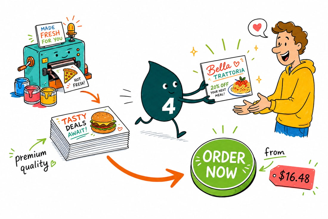Wally the 4OVER4 mascot handing a full-color restaurant postcard, priced at $16.48 for 50, across a counter to a happy diner, teal hand-drawn line art.