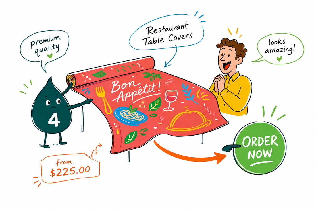 Wally the 4OVER4 mascot draping a printed 9oz polyester restaurant table cover over a 6-foot folding table at a trade show booth, priced from $225, teal hand-drawn line art.