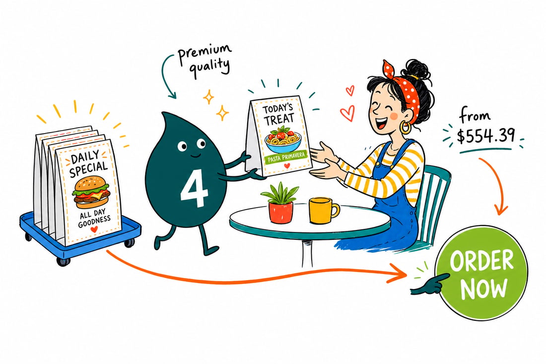 Wally the 4OVER4 mascot standing a folded restaurant table tent upright on a diner table, the 4 by 6 inch face showing a drink special, teal hand-drawn line art.