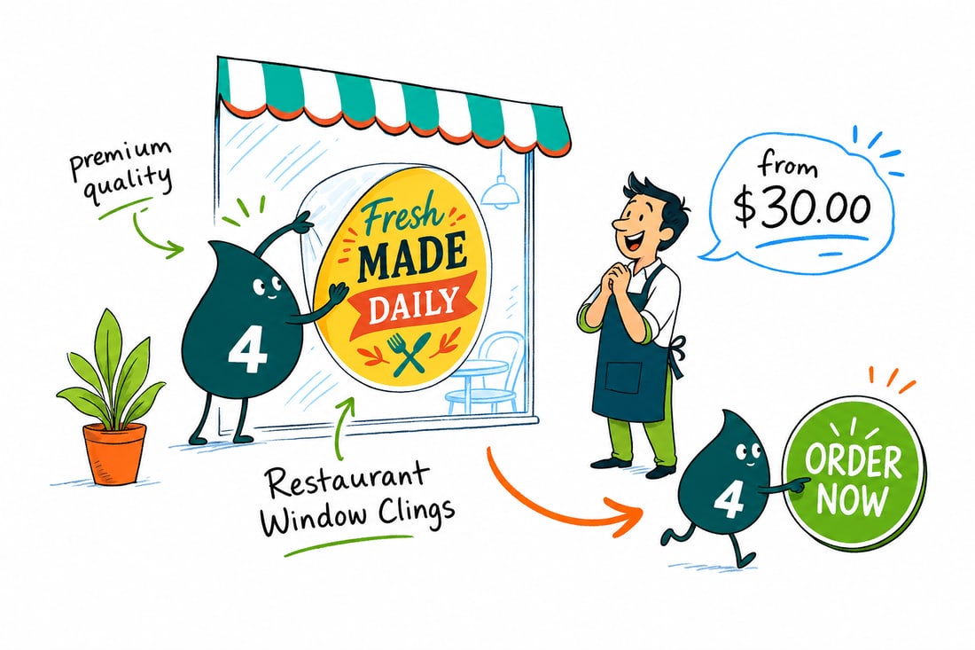 Wally the 4OVER4 mascot pressing a clear restaurant window cling that reads Open onto a glass storefront door, teal hand-drawn line art.