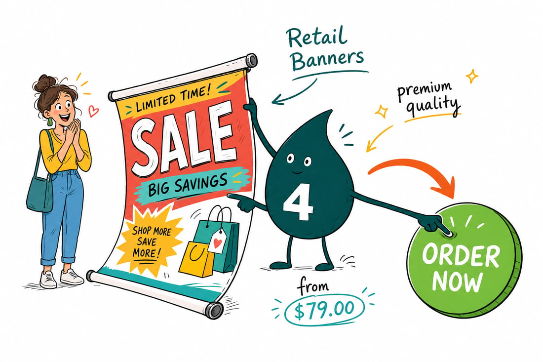 Wally the 4OVER4 mascot on a ladder hanging a wide retail sale banner across a storefront window, priced from $79, teal hand-drawn line art.