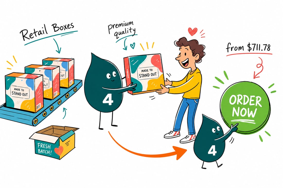 Wally the 4OVER4 mascot placing a product into a printed retail box on a store shelf, priced from $711.78 for 250 units, teal hand-drawn line art.