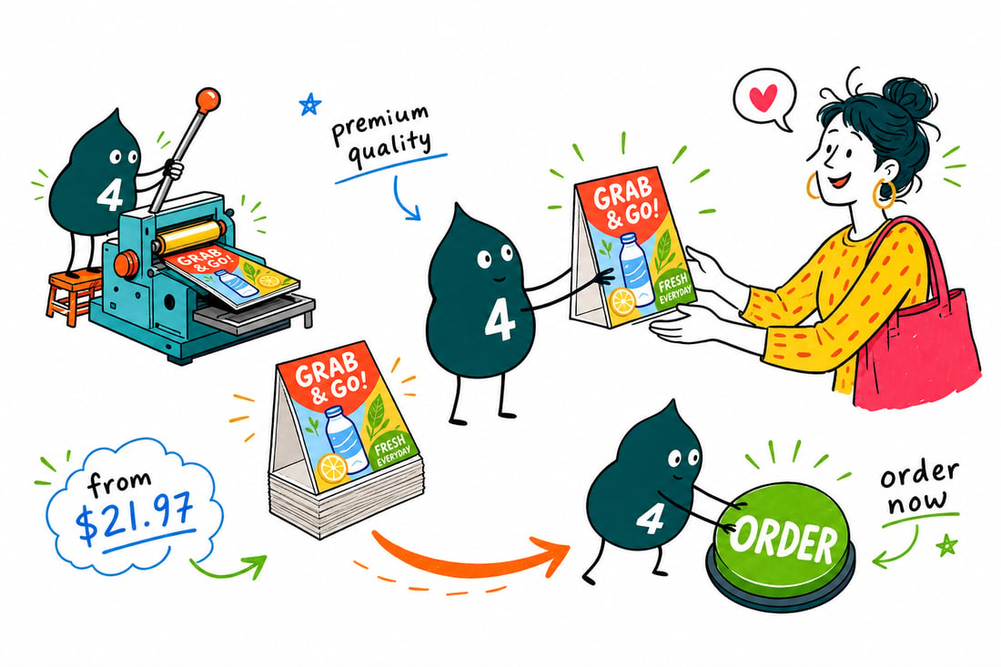 Wally the 4OVER4 mascot setting a rigid retail counter card on an easel at a store checkout counter, priced from $21.97, teal hand-drawn line art.