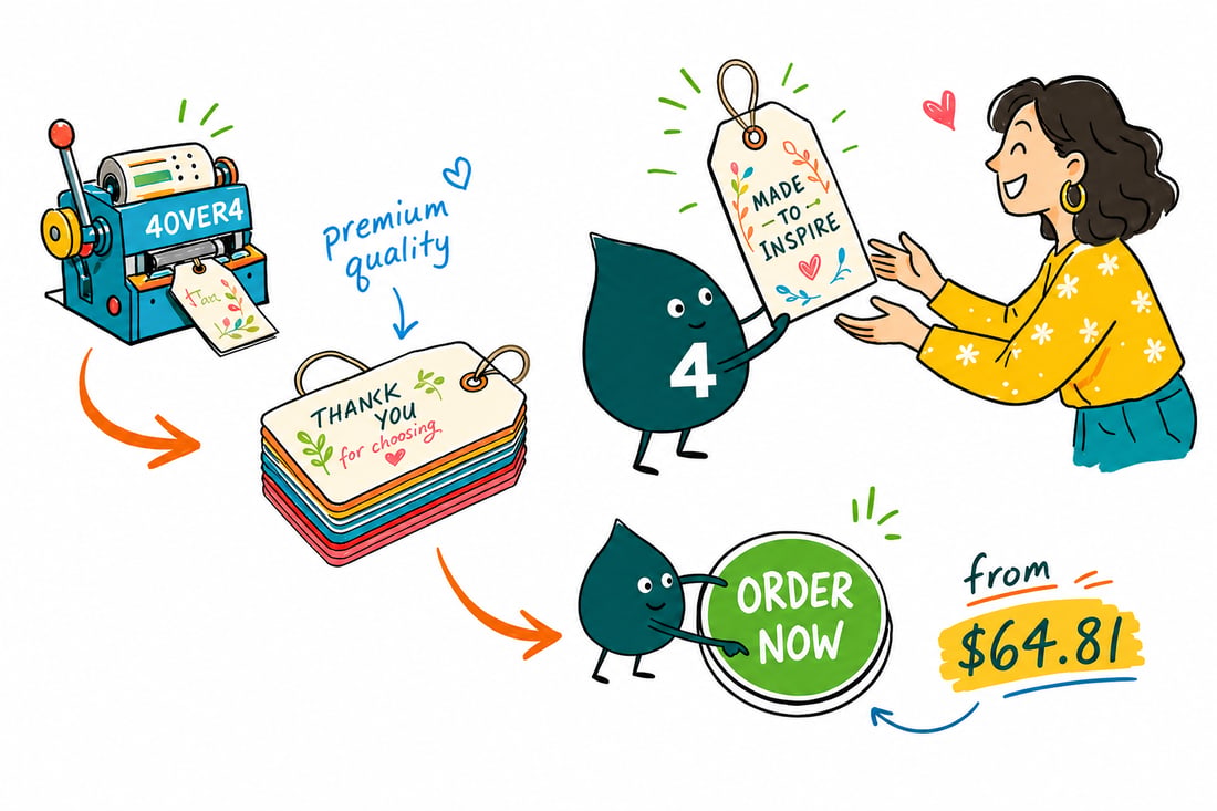 Wally the 4OVER4 mascot tying a drilled retail hang tag, priced at $25.27 for 50, onto a folded shirt on a boutique counter, teal hand-drawn line art.