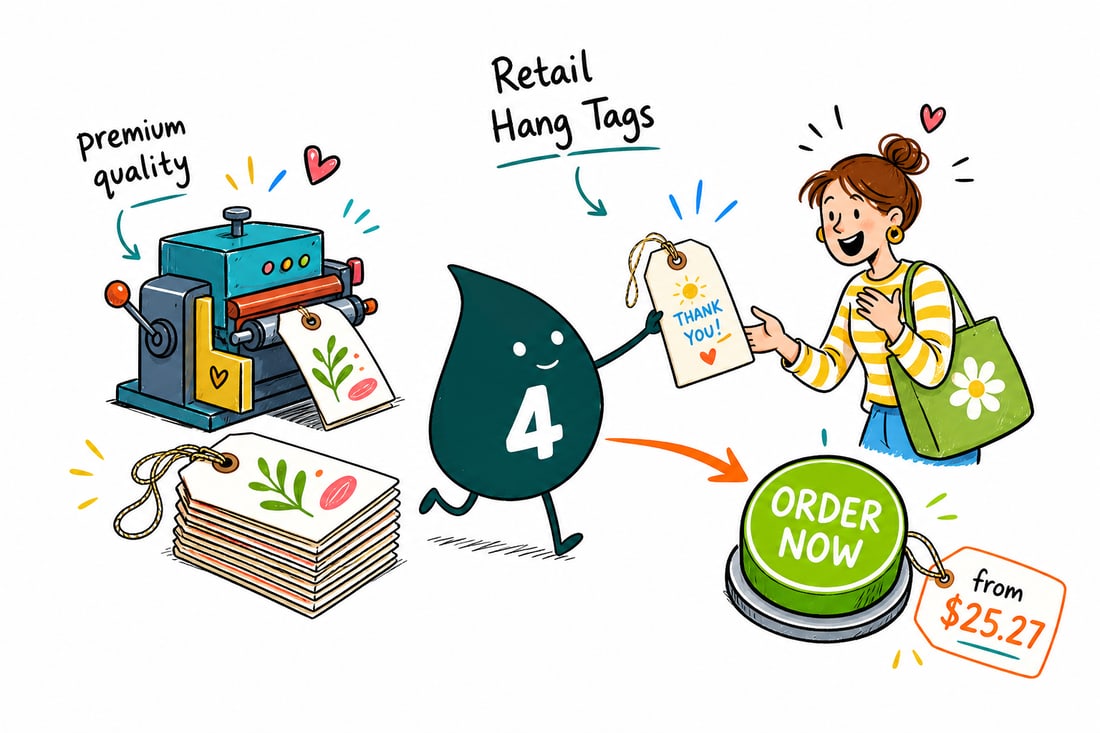 Wally the 4OVER4 mascot tying a drilled retail hang tag, priced at $25.27 for 50, onto a folded shirt on a boutique counter, teal hand-drawn line art.