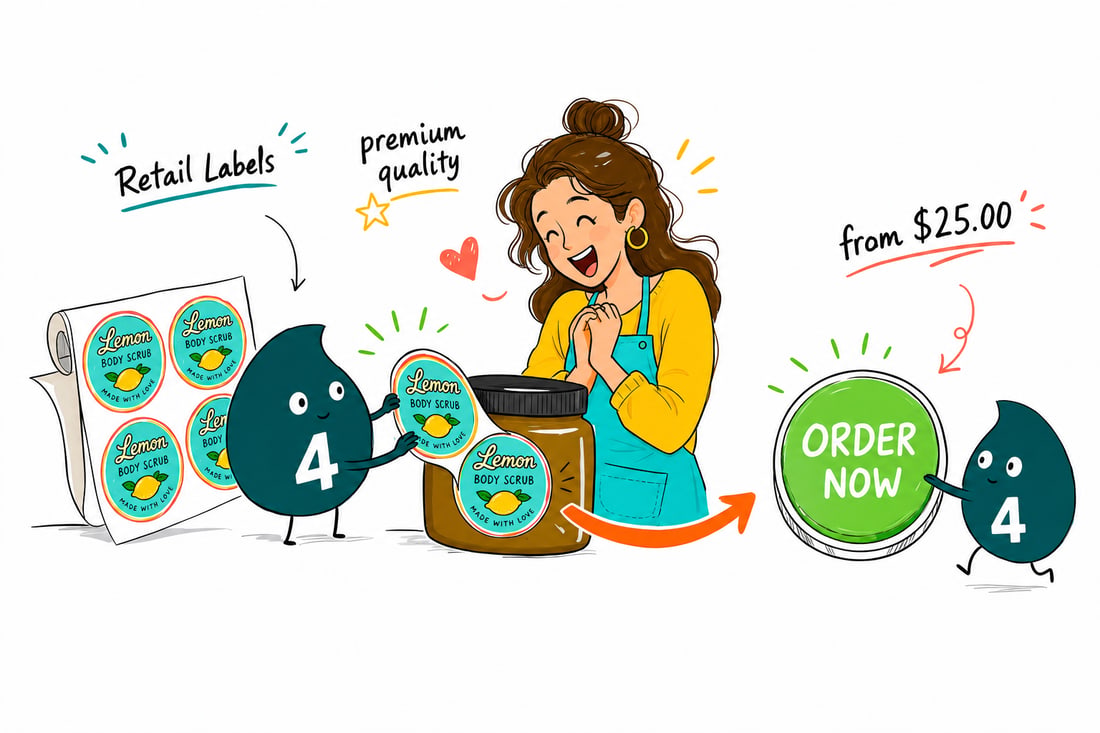 Wally the 4OVER4 mascot pressing a custom retail label, priced from $25, onto a product jar on a store shelf, teal hand-drawn line art.