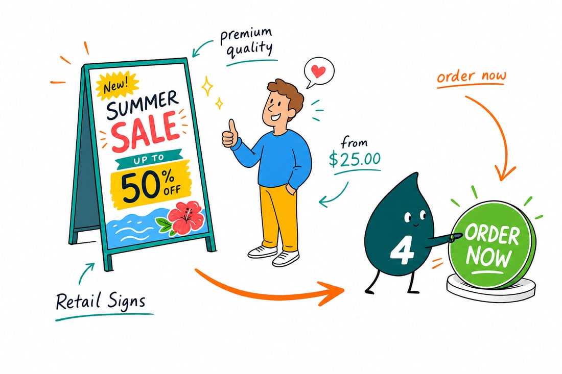 Wally the 4OVER4 mascot placing a bright retail sale sign priced from $25 in a shop window, teal hand-drawn line art.