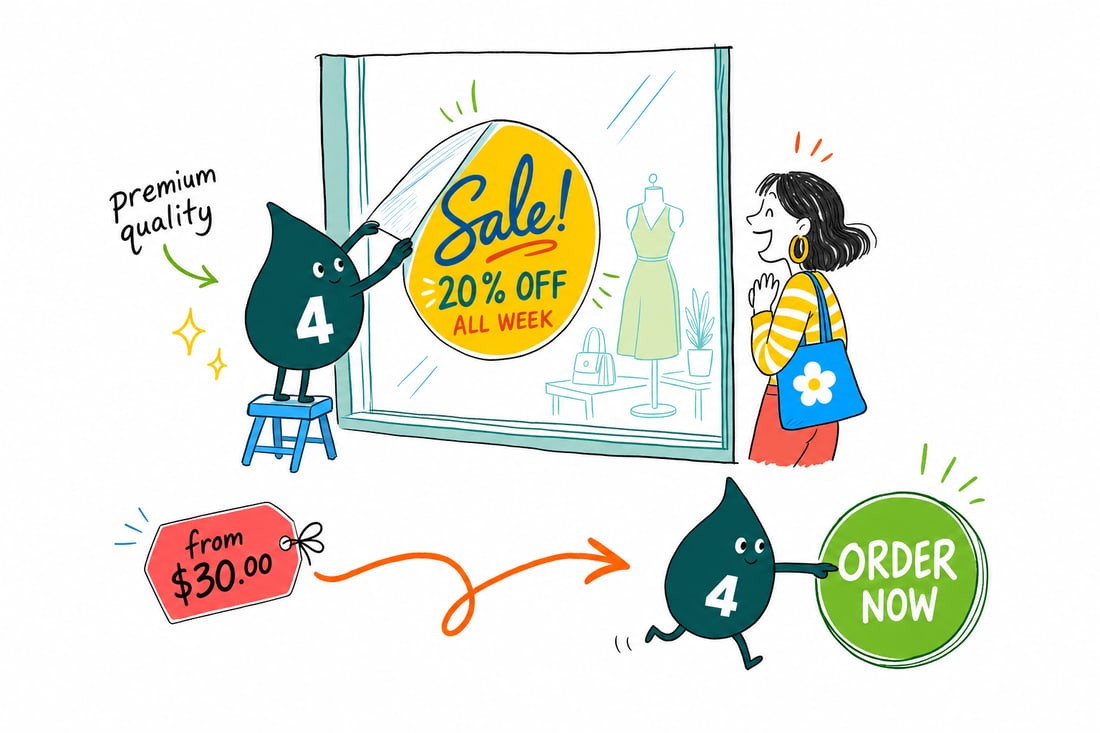 Wally the 4OVER4 mascot pressing a clear retail window cling onto a storefront window, priced from $30, with a bright sale graphic facing the street, teal hand-drawn line art.