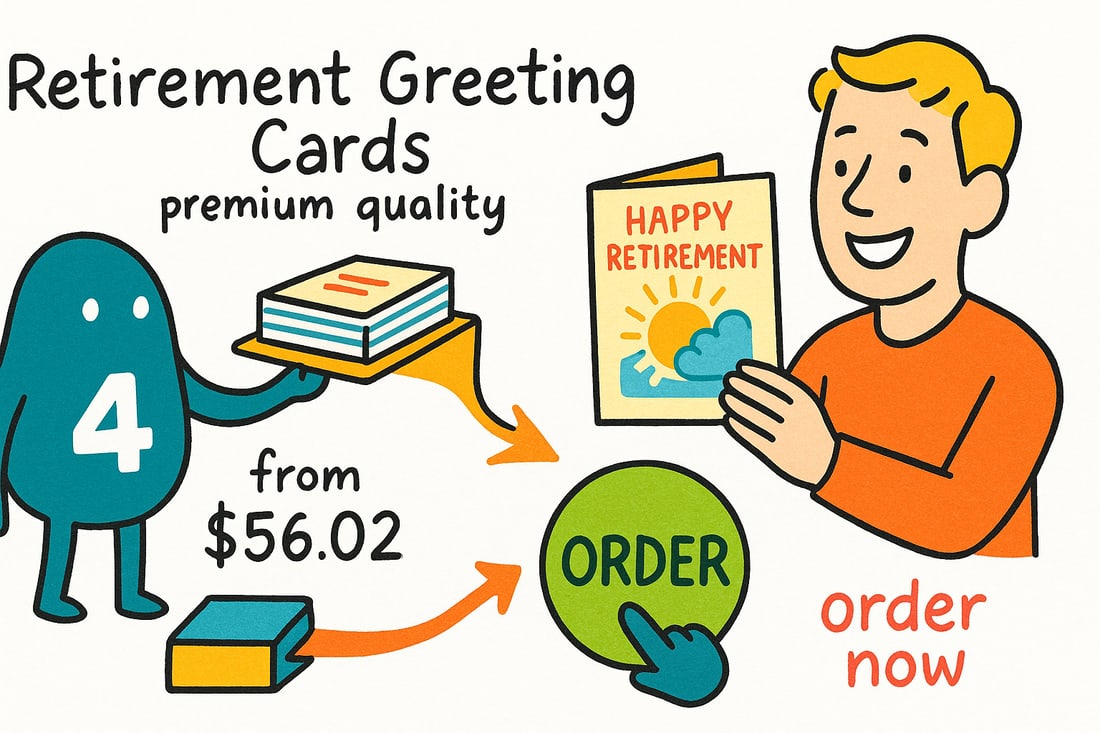 Wally the 4OVER4 mascot handing a folded retirement greeting card, priced at $56.02 for 50, to a smiling retiree, teal hand-drawn line art.