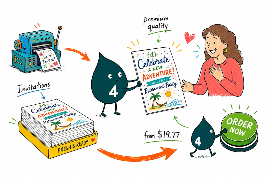 Wally the 4OVER4 mascot handing a retirement party invitation, priced at $19.77 for 25, across a counter to a happy customer, teal hand-drawn line art.