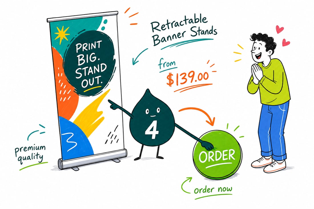 Wally the 4OVER4 mascot pulling a printed banner up out of an aluminum retractable stand base priced from $139, teal hand-drawn line art.
