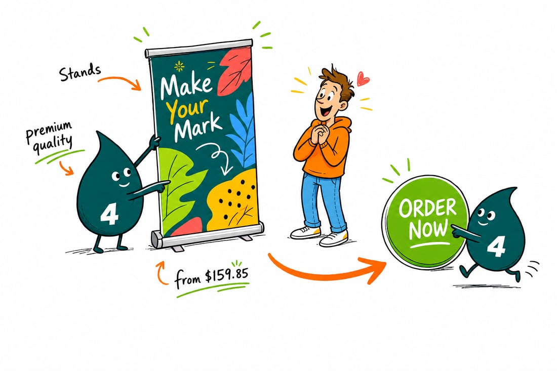 Wally the 4OVER4 mascot pulling a printed fabric graphic up from an aluminum retractable base, a $159.85 banner stand standing show-ready beside him, teal hand-drawn line art.