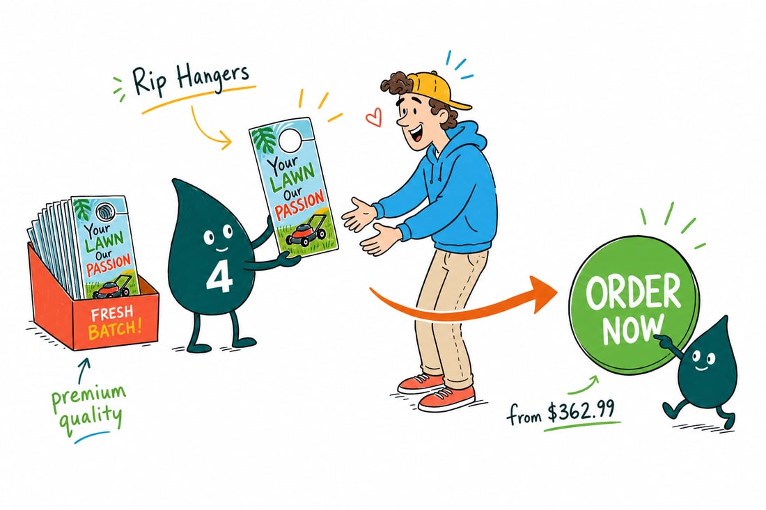 Wally the 4OVER4 mascot hanging a tall rip hanger card on a store shelf while a shopper tears off the bottom coupon, teal hand-drawn line art.