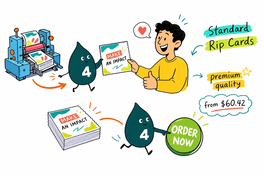 Wally the 4OVER4 mascot handing over a tall 3.5 by 8.5 inch rip card with a perforated tear-off coupon, priced from $60.42 for 50, teal hand-drawn line art.