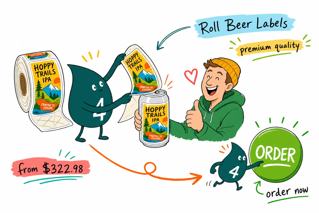 Wally the 4OVER4 mascot unrolling a continuous strip of beer bottle labels from a 3 inch core, priced at $322.98 for 100, teal hand-drawn line art.