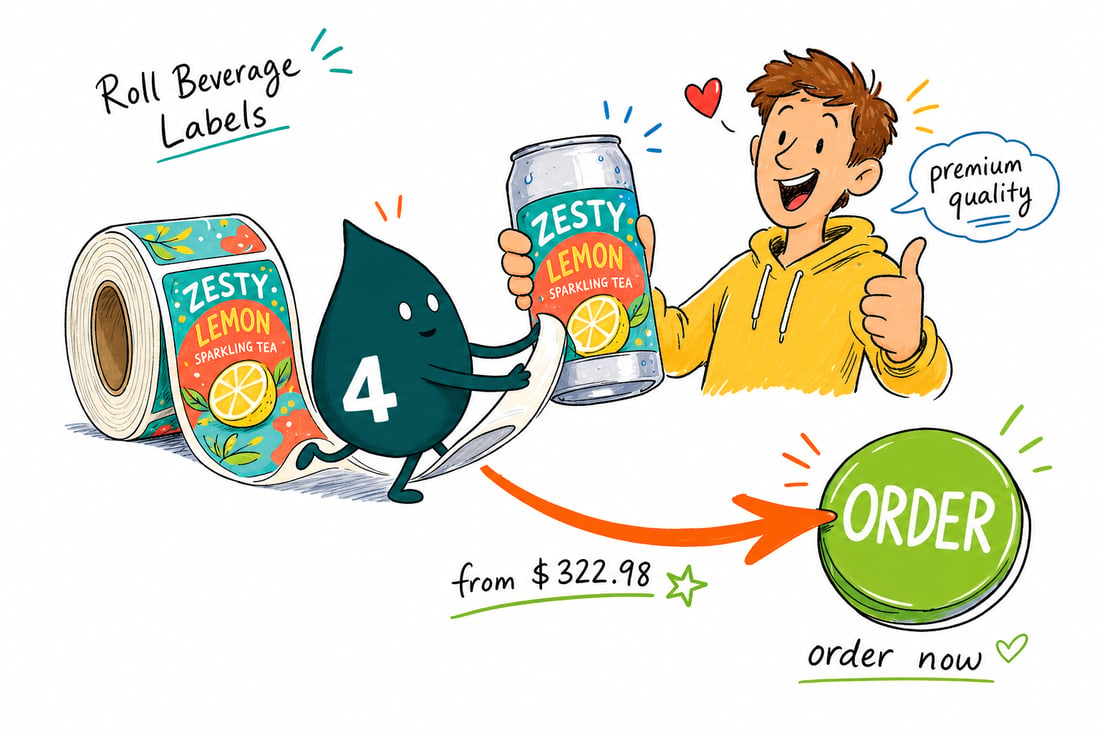 Wally the 4OVER4 mascot peeling a full-color beverage label off a roll and smoothing it onto a chilled glass bottle, teal hand-drawn line art.