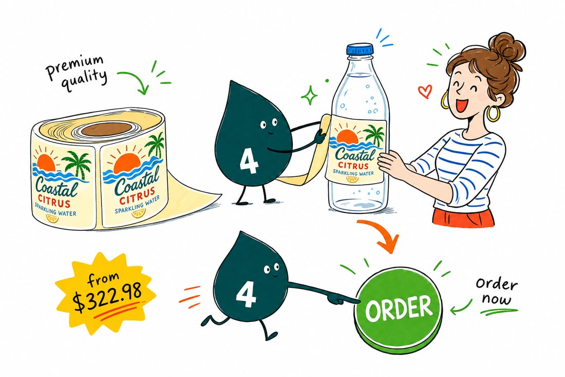 Wally the 4OVER4 mascot applying a waterproof roll bottle label, priced at $322.98 for 100, to a chilled glass bottle, teal hand-drawn line art.